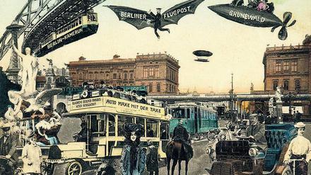 Mit der Hochbahn nach Kamerun. So stellt sich eine Postkarte von 1905 das Hallesche Tor der Zukunft vor.