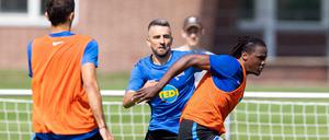 Geburtstagskind Vedad Ibisevic (M) und Dedryck Boyata (r) kämpfen um den Ball. 