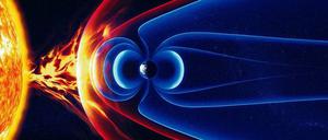 Schützend. Ohne Erdmagnetfeld (blau) fehlt der Schutz vor der Sonne. Illustration: Imago