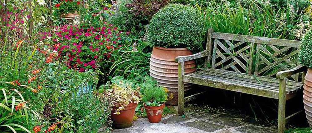 Lauschiges Plätzchen. Diese Holzbank sieht gut aus und trotzt jedem Wetter. Wie geschaffen für einen deutschen Garten.