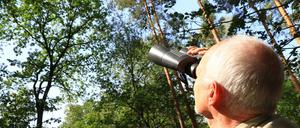 Elmar Kilz blickt auf die Krone. Der ist wichtig, um festzustellen, wie es um die Bäume und den Wald bestellt ist. 