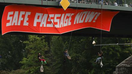 Demonstranten seilen sich von einer Brücke über dem Main ab.