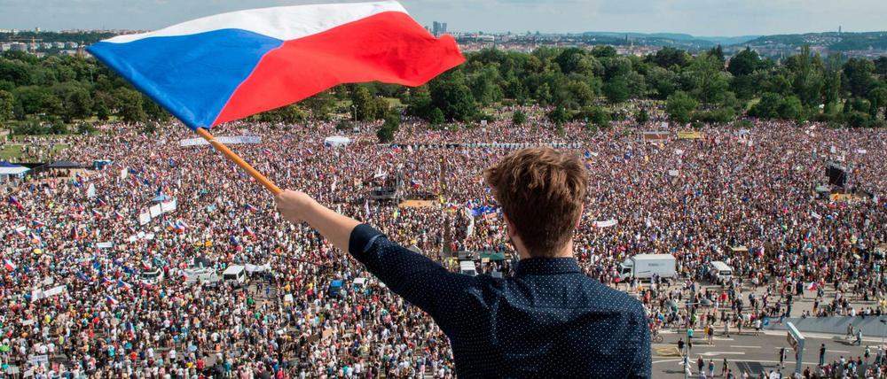 Ein Mann schwenkt eine tschechische Flagge bei einer Demonstration gegen Premierminister Andrej Babis.