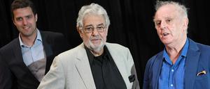 Placido Domingo (Mitte) im Juni 2018 mit dem Intendanten der Staatsoper Unter den Linden, Matthias Schulz (links) und Daniel Barenboim, bei einer Pressekonferenz zu "Staatsoper für alle". 
