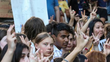 Greta Thunberg (Mitte) bei einem Streik vor dem UN-Gebäude in New York