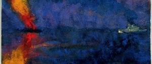 In Zeiten des Malverbots. Emil Noldes um 1943 entstandenes Aquarell „Kriegsschiff und brennender Dampfer“. 