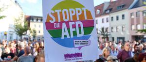 Demonstranten protestieren gegen eine Wahlkampfveranstaltung der AfD in Döbeln.