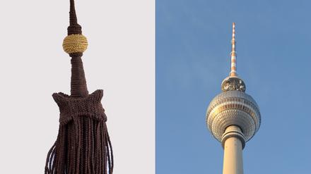 Der Berliner Fernsehturm (links die Perücke von Meschac Gaba, rechts das Original) ist eines von zwölf Ausstellungsstücken. 