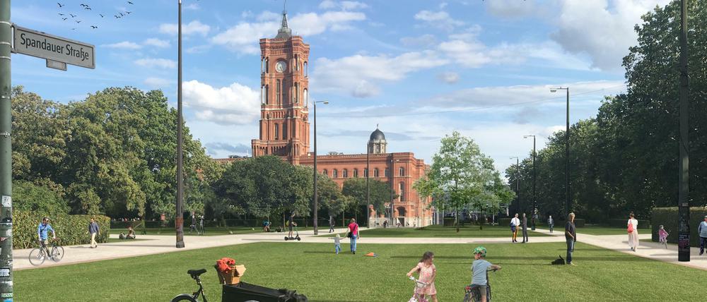 Grün vor Rot: So stellt sich die Initiative Offene Mitte Berlin den Grünzug vor dem Roten Rathaus vor.