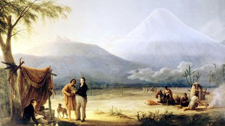 Ein Gemälde zeigt Alexander von Humboldt (Mitte, stehend) und Aimé Bonpland (rechts) in den Anden.