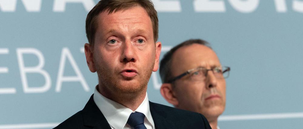 Spitzenkandidaten Michael Kretschmer (CDU, links), Jörg Urban (AfD) vergangene Woche bei einer Podiumsdiskussion zur Landtagswahl in Dresden.