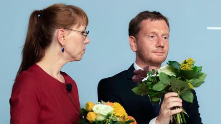 Spitzenkandidaten Michael Kretschmer (CDU), Katja Meier (Grüne) vergangene Woche bei einer Podiumsdiskussion zur Sachsen-Wahl. 