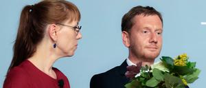 Spitzenkandidaten Michael Kretschmer (CDU), Katja Meier (Grüne) vergangene Woche bei einer Podiumsdiskussion zur Sachsen-Wahl. 