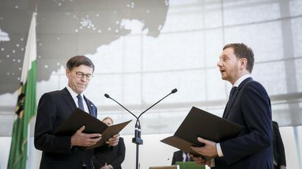 Nur auf dem Foto links: Sachsens Landtagspräsident Matthias Rößler im Dezember 2017 bei der Vereidigung von Ministerpräsident Michael Kretschmer. 
