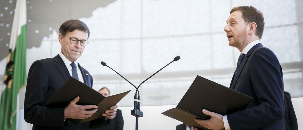 Nur auf dem Foto links: Sachsens Landtagspräsident Matthias Rößler im Dezember 2017 bei der Vereidigung von Ministerpräsident Michael Kretschmer.