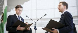 Nur auf dem Foto links: Sachsens Landtagspräsident Matthias Rößler im Dezember 2017 bei der Vereidigung von Ministerpräsident Michael Kretschmer. 