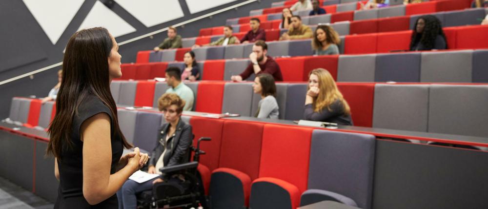 Eine Professorin spricht in einem Hörsaal vor Studierenden.