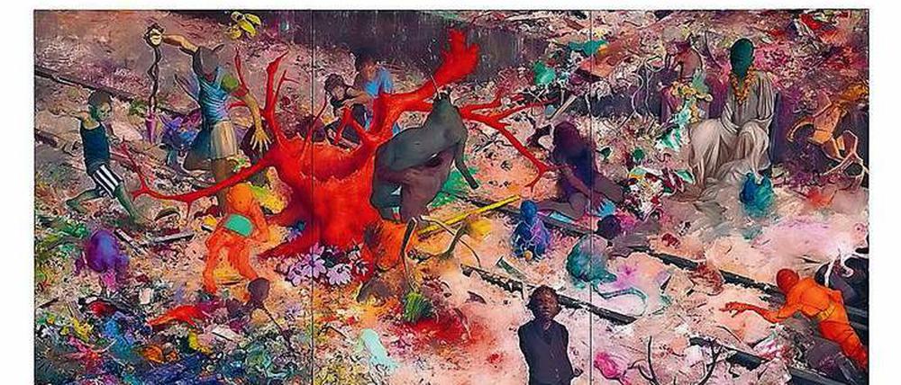 Verwuselte Welt. Jonas Burgerts Gemälde „Schlag Luft“ (2019) lässt sich kaum entschlüsseln.