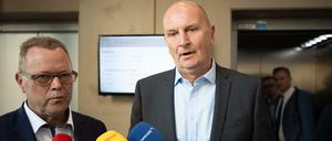 Ministerpräsident Dietmar Woidke (SPD) und CDU-Chefverhandler Michael Stübgen nach den Sondierungsgesprächen.