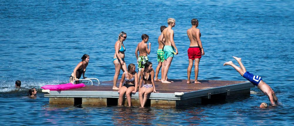 Badegäste genießen das sommerliche Wetter auf einer Badeinsel am Senftenberger See.