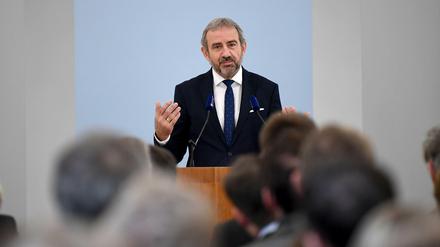Hermann Parzinger, Präsident der Stiftung Preußischer Kulturbesitz, spricht bei der Schlüsselübergabe für Haus Bastian als Zentrum für kulturelle Bildung der Stiftung Preußischer Kulturbesitz.