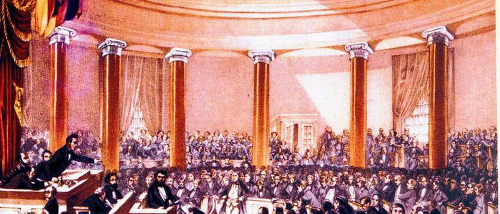  Die Abgeordneten der Nationalversammlung von 1848 tagen in der Frankfurter Paulskirche. 