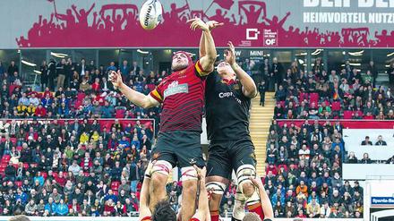 Überflieger. Nationalspieler Sebastian Ferreira (rechts oben) kämpft um die sogenannte Gasse bei einem Länderspiel gegen Belgien. 