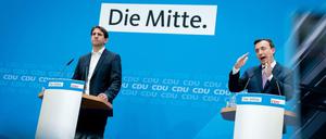Auskunft übers Klimakonzept. Paul Ziemiak (rechts), CDU-Generalsekretär, und Andreas Jung, Unions-Vizefraktionschef, informieren nach der Sitzung des CDU-Bundesvorstands im Konrad-Adenauer-Haus die Presse über die CDU-Pläne. 