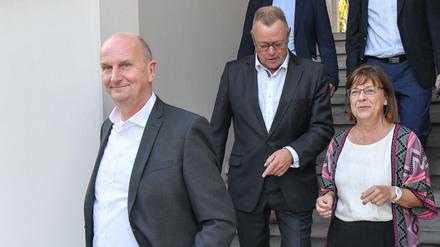 Dietmar Woidke (SPD), Michael Stübgen (CDU) und Ursula Nonnemacher (Bündnis 90/Die Grünen) nach den Sondierungsgesprächen. 
