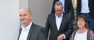 Dietmar Woidke (SPD), Michael Stübgen (CDU) und Ursula Nonnemacher (Bündnis 90/Die Grünen) nach den Sondierungsgesprächen.