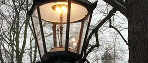Brennende Gaslaterne vor winterlicher Baumkulisse.