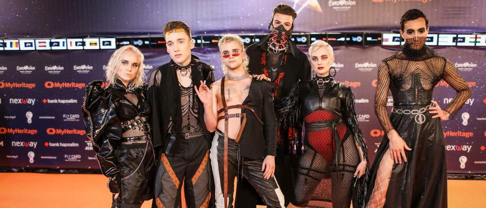 Archiv: Die isländische Band Hatari beim ESC 2019 in Tel Aviv.