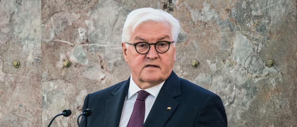 Bundespräsident Steinmeiner steht gestikulierend an einem Rednerpult.