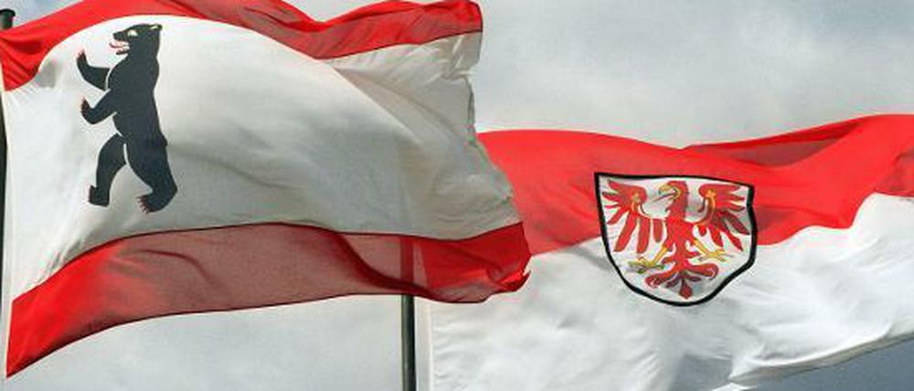 Nebeneinander im Wind flattern Bär und Adler. Berlin und das umliegende Bundesland Brandenburg streben eine Länderfusion an. 