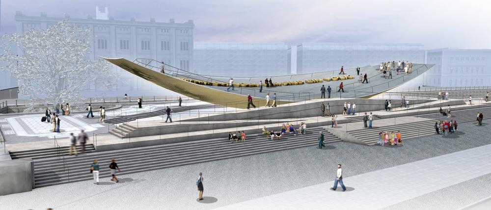 Eine Computergrafik zeigt den Entwurf des Stuttgarter Büros Milla &amp; Partner für das geplante Freiheits- und Einheitsdenkmal.