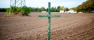 Ein grünes Holzkreuz steht als Mahnmal der Bauern auf einem Feld in Niedersachsen.