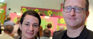 Die Landesvorsitzenden der sächsischen Grünen, Christin Melcher und Norman Volger, bei der Delegiertenversammlung in Leipzig.