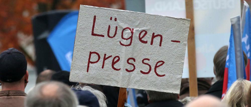 Auf einem Schild einer Demonstrantin steht das Wort "Lügenpresse". 