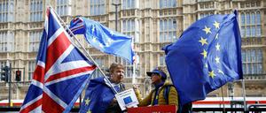 Zwei Demonstrantinnen mit britischen und EU-Flaggen vor dem britischen Parlament. 