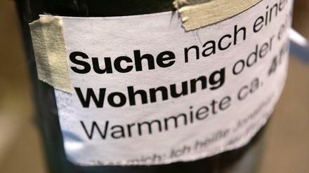 Wohnungssuche mit einem Zettel an einem Laternenmast (Symbolbild).