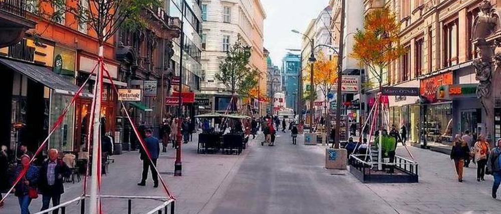 Das Bild zeigt die Wiener Begegnungszone in der Rotenturmstraße. Hier begegnen sich Menschen. Im Berliner Pendant begegnen sich nur Steine.
