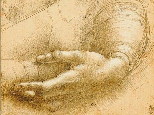 Handstudien von Leonardo mit Holzkohle, Metallspitzen und Weißerhöhungen.