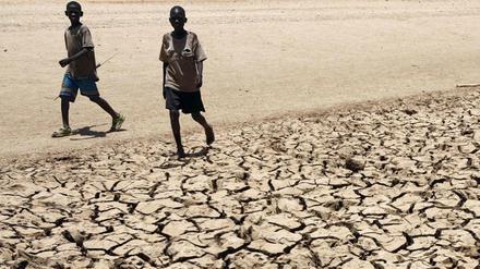 Zwei Jungen vom Volk der Turkana laufen über ausgetrockneten Boden in der Nähe ihres Dorfes Gakong in Kenia. 