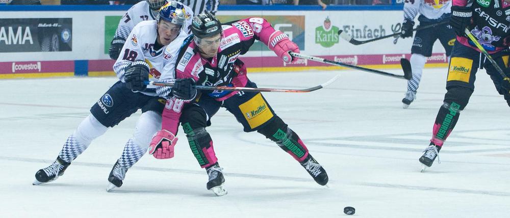 Hartes Duell. Münchens Justin Schütz (l.) gegen Eisbären-Spieler Ryan McKiernan.