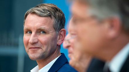 Der Spitzenkandidat der Thüringer AfD, Björn Höcke, mit den Bundesparteichefs Alexander Gauland und Jörg Meuthen. 
