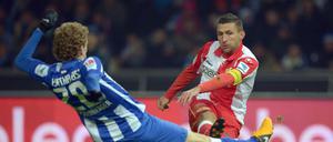 Torsten Mattuschka (rechts) ist spätestens seit seinem Derbytor gegen Hertha (Fabian Lustenberger) eine Legende beim 1. FC Union. 