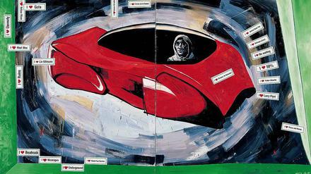 Selbstumkreisungen. In das Gemälde „The Capitalistic Futuristic Painter in His Car“ (1985) klebte Martin Kippenberger Sticker. 