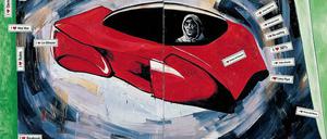 Selbstumkreisungen. In das Gemälde „The Capitalistic Futuristic Painter in His Car“ (1985) klebte Martin Kippenberger Sticker. 