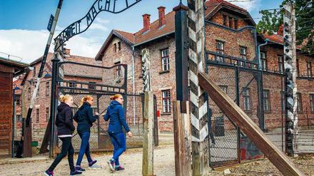 Schülerinnen gehen durch das Haupttor des ehemaligen Vernichtungslagers Auschwitz.