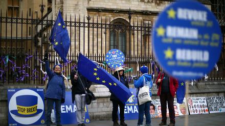 Frauen protestieren mit EU-Fahnen vor dem britischen Unterhaus gegen den Brexit.